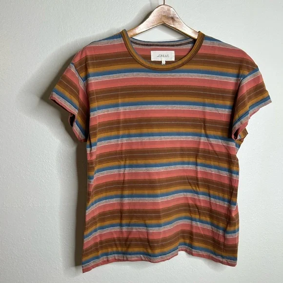 THE GREAT. Short Sleeve Striped Tee in Rust, Pink, Blue, Olive - Picture 2 of 11